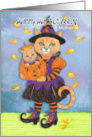 Happy Halloween Mother Witch Cat and Pumpkin Kitty card