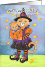 Happy Halloween Neighbor Witch Cat and Pumpkin Kitty card