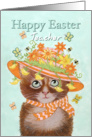 Happy Easter Teacher, Cat in Easter Bonnet with Flowers and Chicks card
