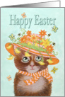 Happy Easter, Cat in Easter Bonnet with Flowers and Chicks card
