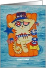 Happy Fourth of July Cat on Raft in Water Custom Name card