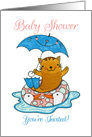 Summer Baby Shower Invitation with Cat in Flippers Holding Umbrella card