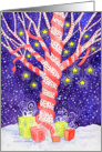 Snowy White Tree Wrapped in Red Ribbon with Stars Season’s Greetings card