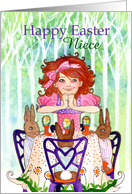 Happy Easter Niece, Excited Little Girl Brunching with Easter Rabbits card