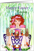 Happy Easter Cousin, Excited Little Girl Brunching with Easter Rabbits card