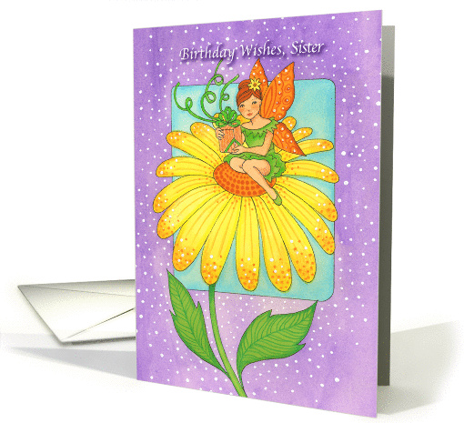 Birthday Wishes Sister Flower Fairy on Bright Yellow Flower card