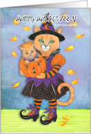 Happy Halloween Granddaughter Witch Cat and Pumpkin Kitty card