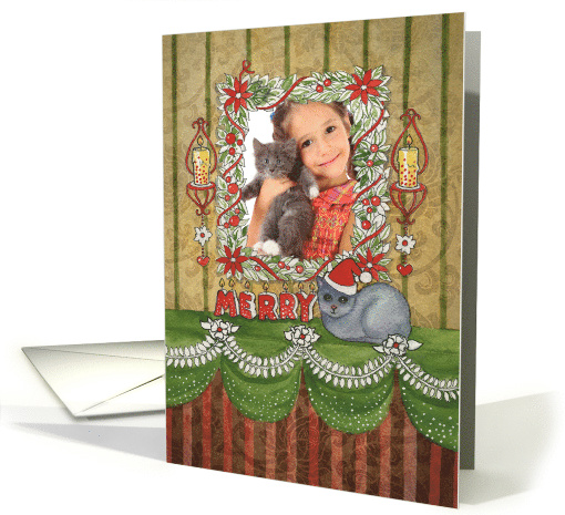 Merry Christmas Vintage Style with Cat Custom Photo card (1341700)