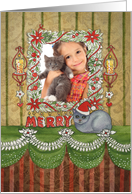 Merry Christmas Vintage Style with Cat Custom Photo Card