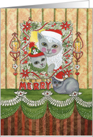 Vintage Merry Christmas Santa Cat with Kitten and Cat on Table card