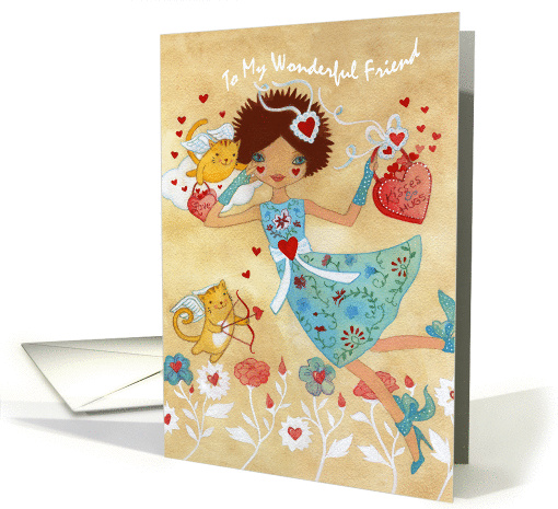 Happy Valentine's Day Friend with Cupid Cats, Flowers, Hearts card