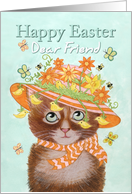 Happy Easter Dear Friend, Cat in Easter Bonnet with Flowers card