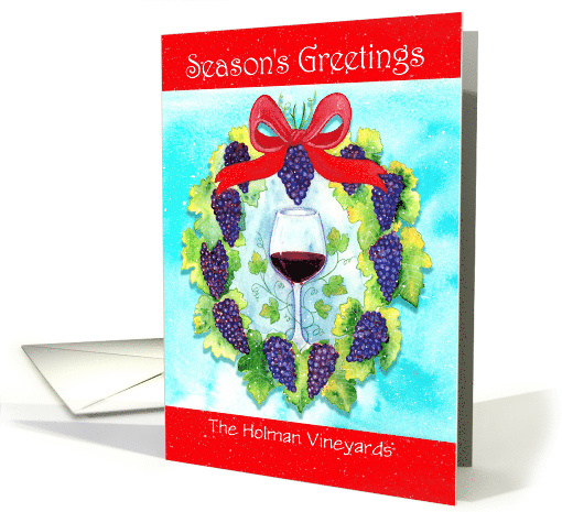 Season's Greetings Wine Grapes Holiday Wreath Custom Name card