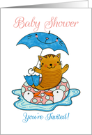 Summer Baby Shower Invitation with Cat in Flippers Holding Umbrella card