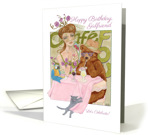 Fashionista Girlfriend Birthday With Animals in Crazy Caf card