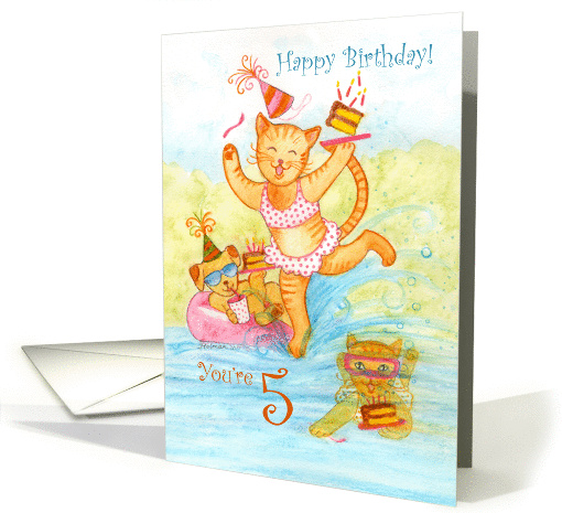 Happy Birthday Five Year Old Cat and Friends in Pool card (835121)