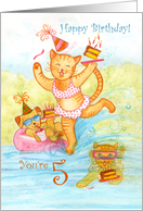 Happy Birthday Five Year Old Cat and Friends in Pool card