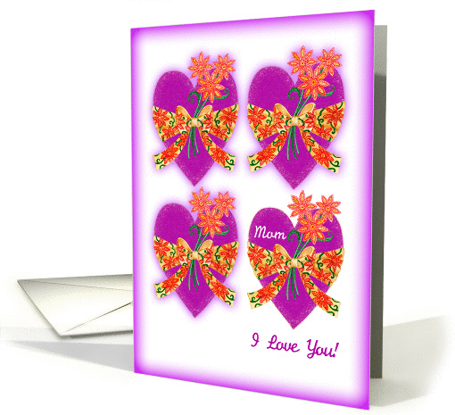 Purple Valentine Hearts with Bows and Flowers for I Love You Mom card