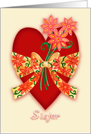 Sister, Red Valentine Heart with Bow and Whimsical Flowers card