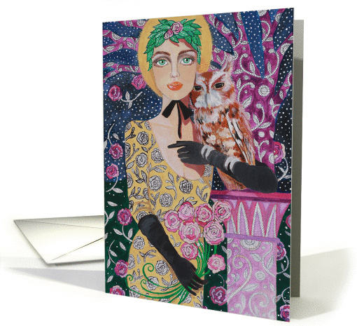 Eastern Screech Owl with Beautiful Woman Surreal Fantasy card (965055)