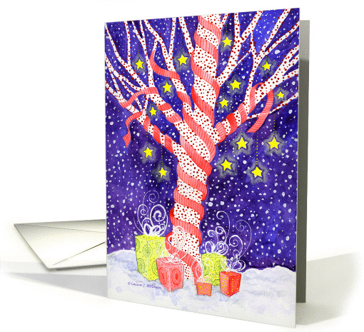 Snowy White Tree Wrapped in Red Ribbon with Stars Season's... (987237)