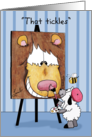 Happy Birthday for Friend, Lamb Paints Lion, That Tickles card