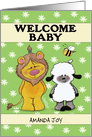 Customizable Welcome Baby, Lion and Lamb Babies in Green Daisy Field card