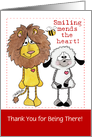 Custom Thank You for Being There, Lion & Lamb, Smiling Mends the Heart card