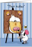 Happy Birthday for Friend, Lamb Paints Lion, That Tickles card