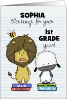 Customizable Name Back to School for 1st Grader-Lion and Lamb on Books card