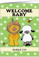 Customizable Welcome Baby, Lion and Lamb Babies in Green Daisy Field card