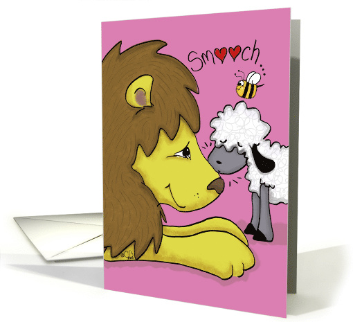 Happy Valentine's Day Sweetheart, Lamb Kisses Lion, Smooch card