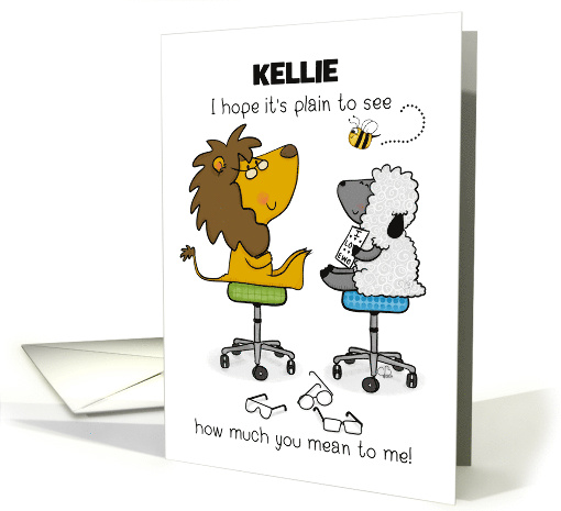 Customizable Happy Birthday Kellie Lion and Lamb Eye Chart card