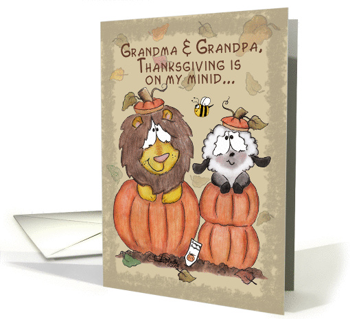 Thanksgiving for Grandparents-Lion and Lamb in Pumpkins card (665549)