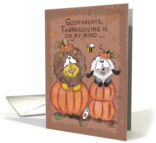 Thanksgiving for Godparents-Lion and Lamb in Pumpkins card (665551)