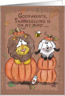Thanksgiving for Godparents-Lion and Lamb in Pumpkins card
