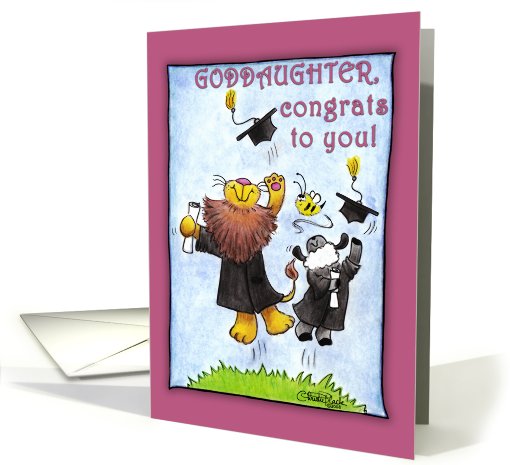 Graduation For Goddaughter-Lion and Lamb-Hats Off card (678804)
