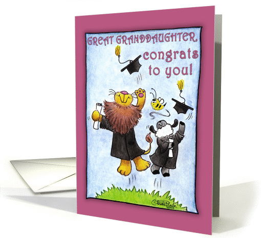 Graduation For Great Granddaughter-Lion and Lamb-Hats Off card
