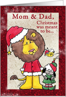 Merry Christmas for Mom and Dad-Lion and Lamb- Santa and Elf card