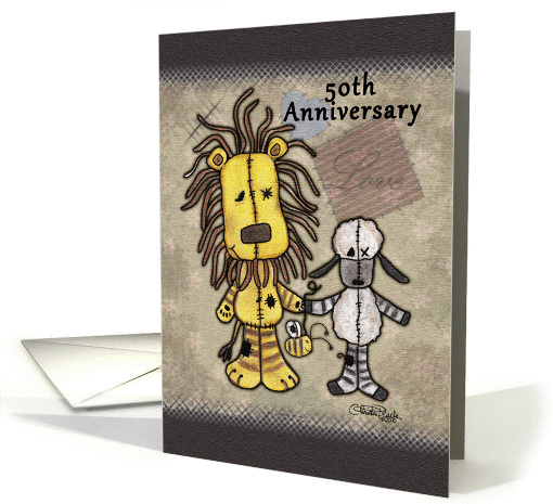 Happy 50th Anniversary-Lion and Lamb- Primitive Stuffed Animals card