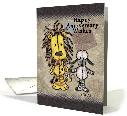 Happy Anniversary-Lion and Lamb- Primitive Stuffed Animals card
