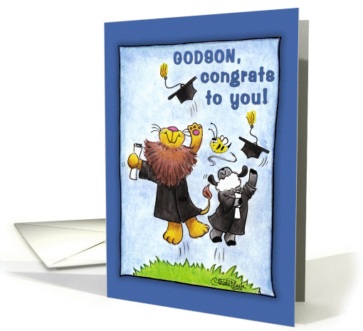 Graduation For Godson-Lion and Lamb-Hats Off card (923267)