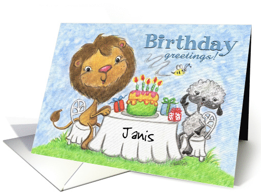 Name Specific Birthday for Janis -Lion and Lamb -Birthday Party card
