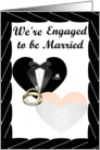 We’re Engaged- caucasian- gold Rings, Tux and Gown card