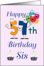 Happy 57th Birthday Sis - Balloons, cupcakes, pink background card