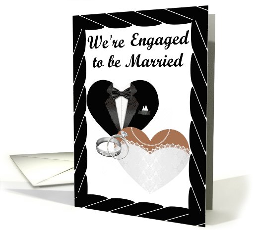 We're Engaged- african american- Silver Rings, Tux and Gown card