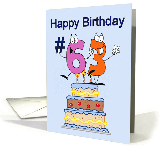 Happy Birthday #63 - Cake with candles and #63, blue background card