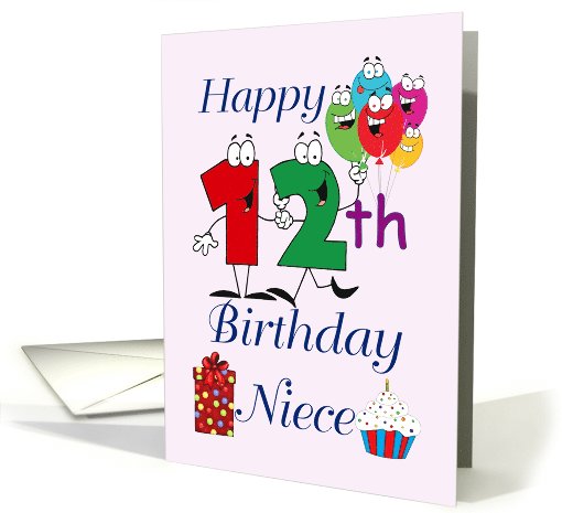 Happy 12th Birthday Niece - Balloons, cupcake, gift, pink... (1111280)