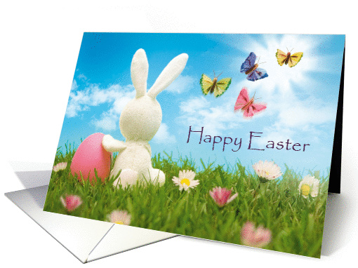 Happy Easter - Bunny in Grass with Easter egg and butterflies card