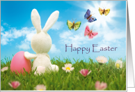 Happy Easter - Bunny in Grass with Easter egg and butterflies card